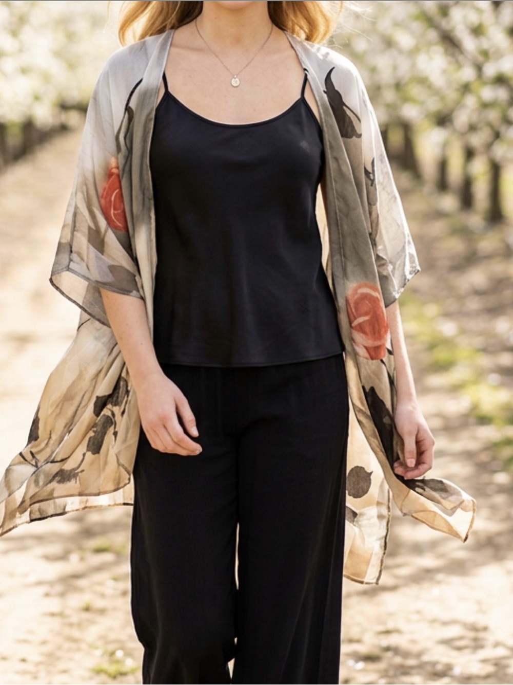 `Elegant Floral Cape with Black and Orange Flowy Light Weight